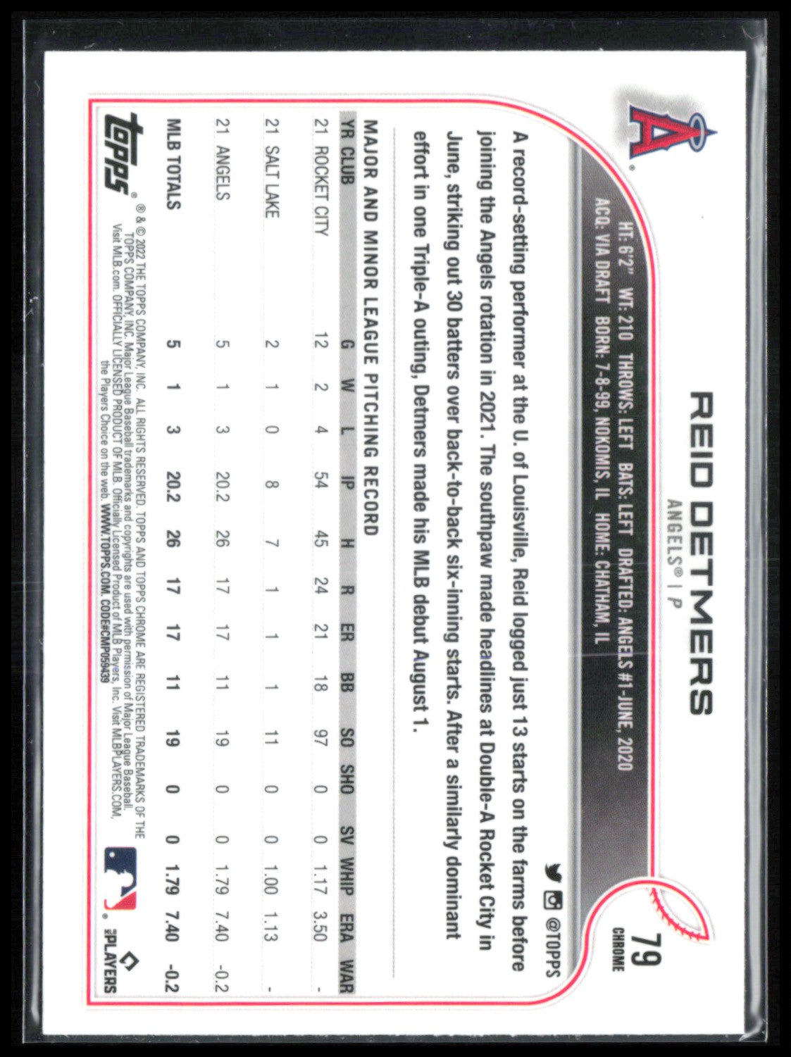 Reid Detmers RC 2022 Topps Chrome