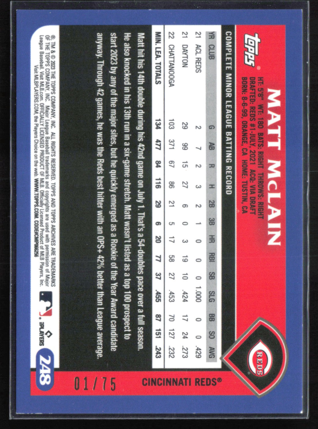 Matt McLain RC Aqua Foil 01/75