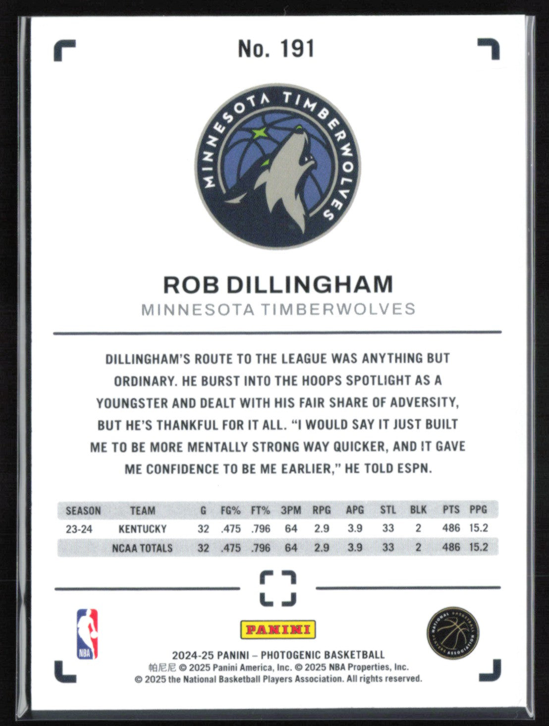 Rob Dillingham RC /35 2025 Panini Photogenic