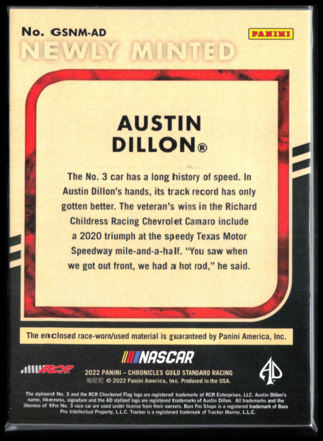 Austin Dillon Triple Race-Worn Relic Newly Minted