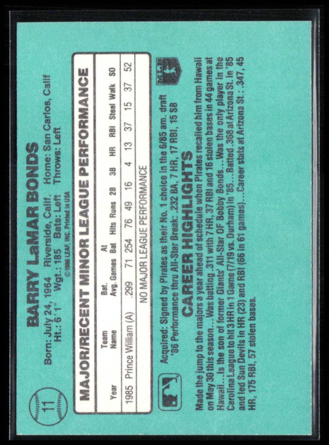 Barry Bonds RC 1986 Donruss (White Edges)