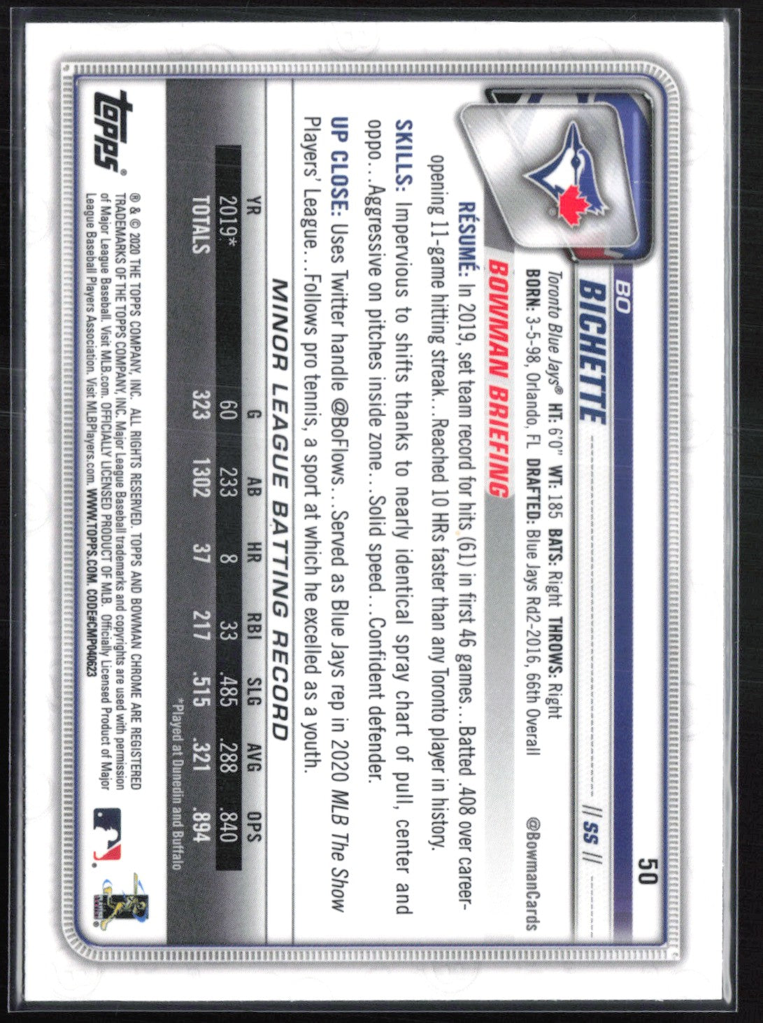 Bo Bichette RC 2020 Bowman Chrome