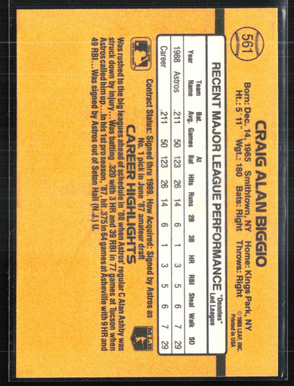 Craig Biggio 1989 Donruss