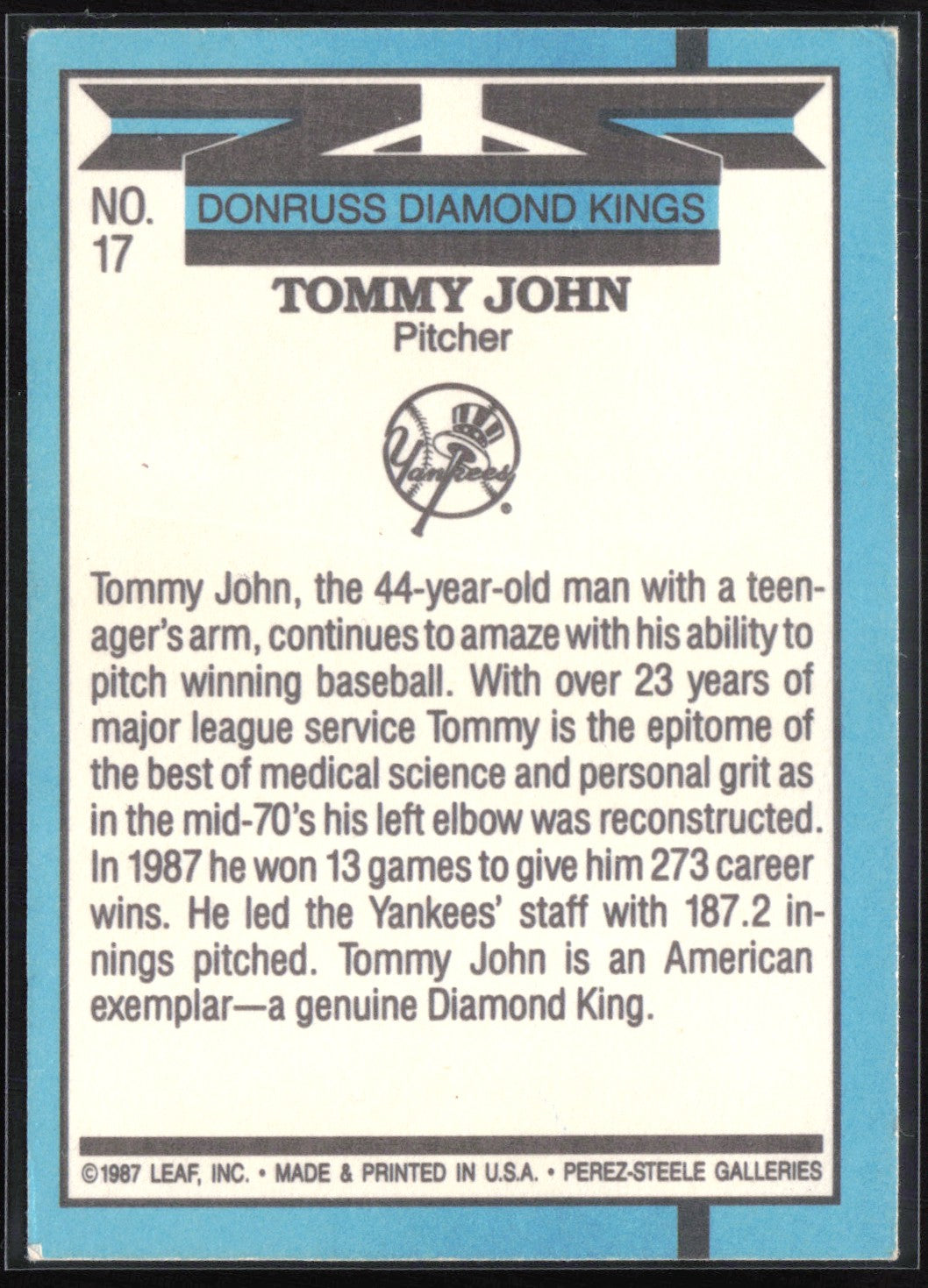 Tommy John 1987 Donruss Diamond Kings