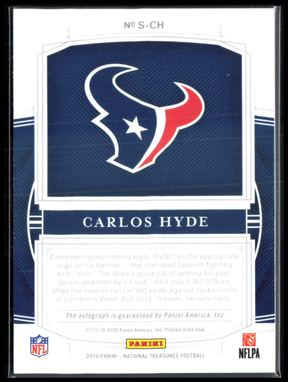 Carlos Hyde Auto /49 2019 National Treasures Signatures