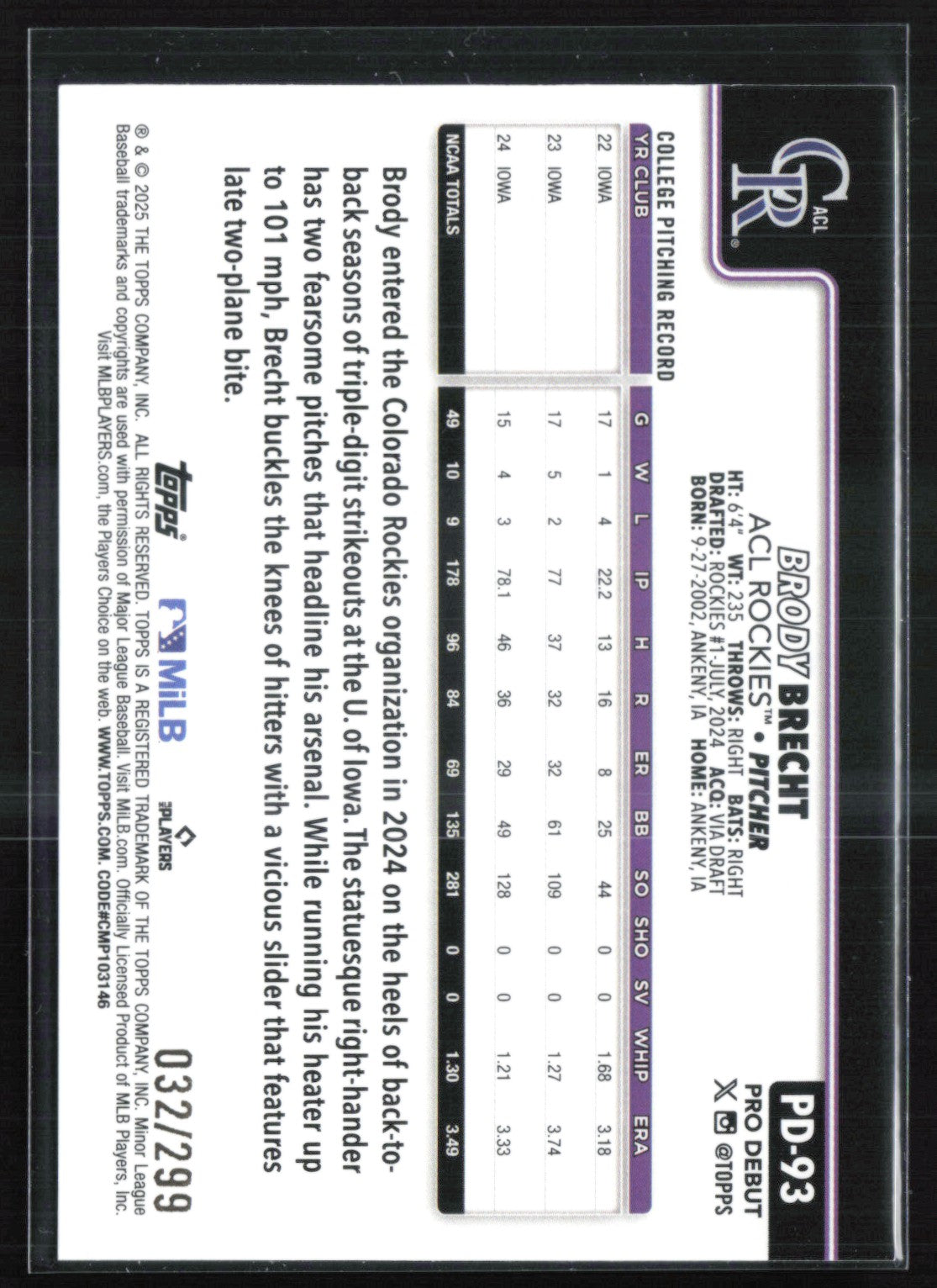 Brody Brecht Pro Debut Purple /299
