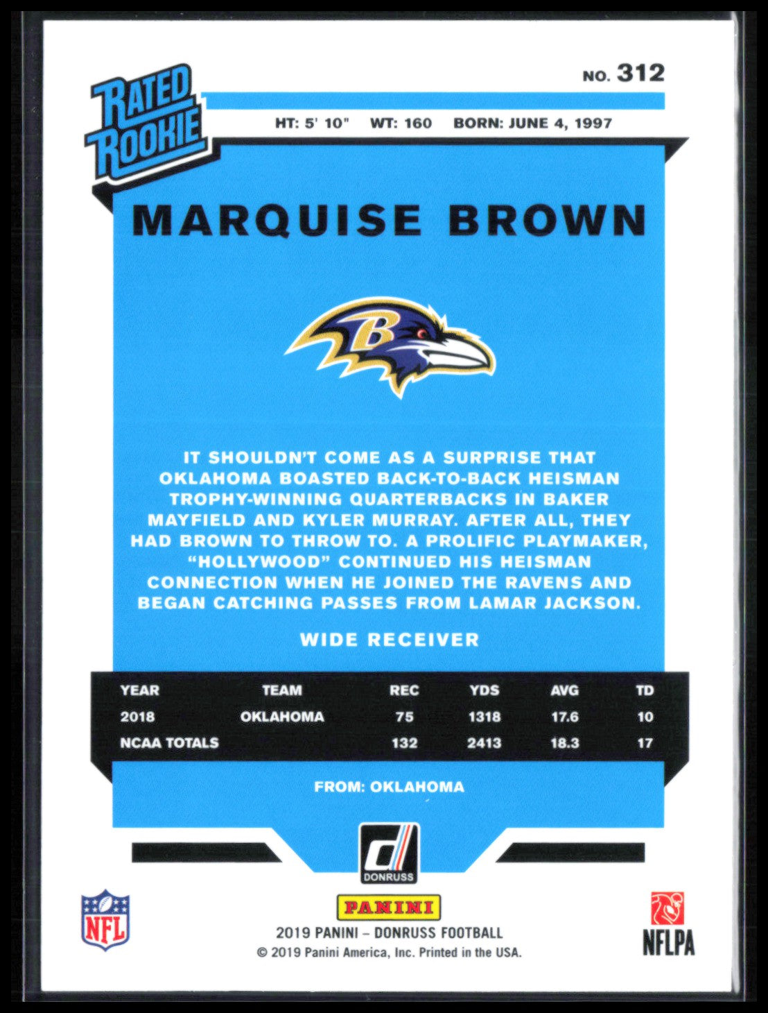 Marquise Brown RC 2019 Donruss
