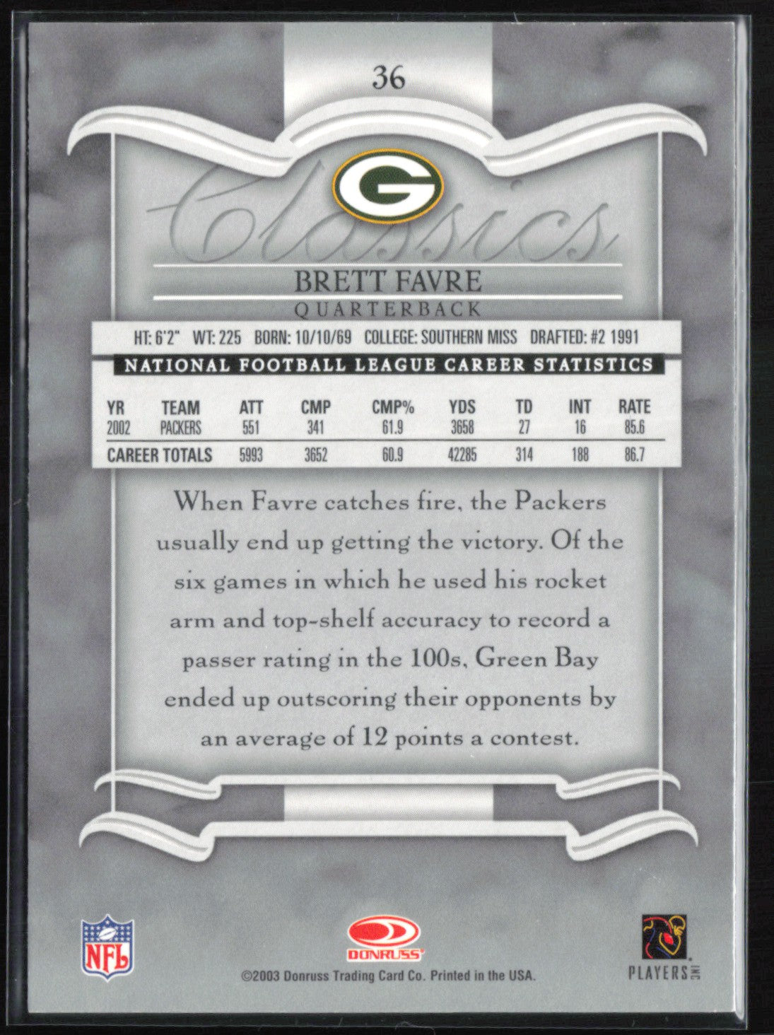 Brett Favre 2003 Donruss Classics