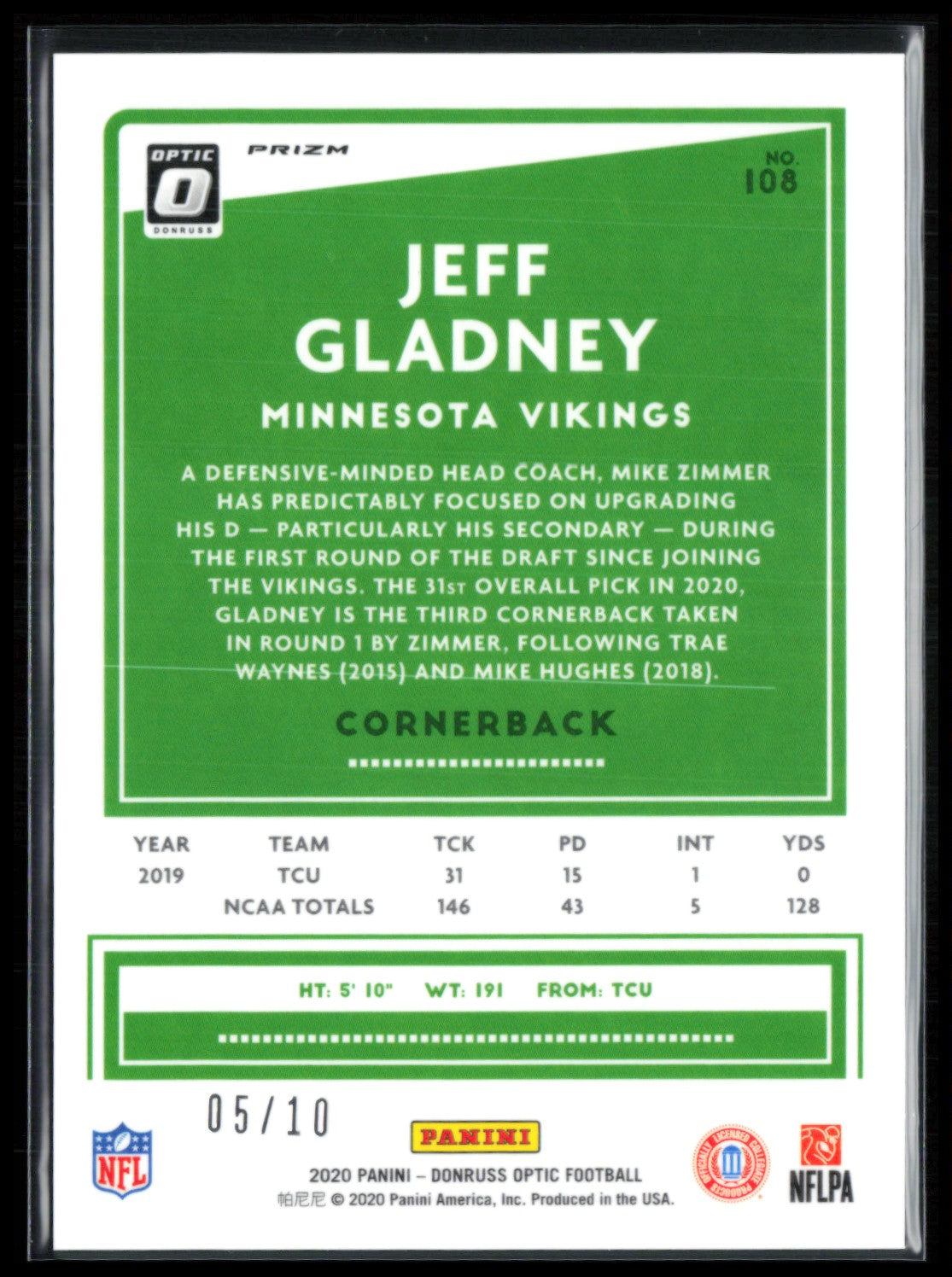 Jeff Gladney RC Gold 05/10 2020 Donruss Optic