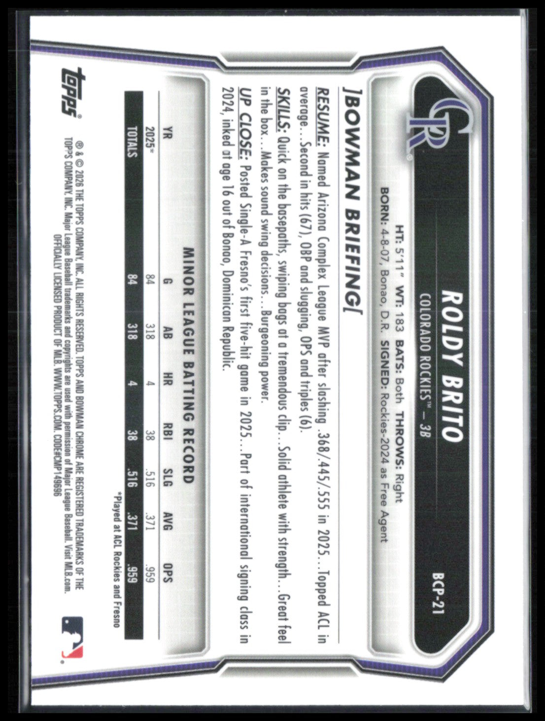 Roldy Brito 1st Bowman Mojo