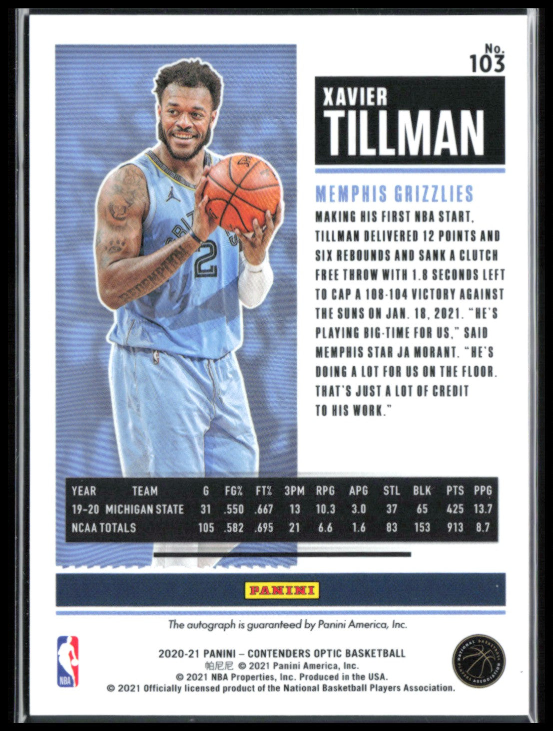 Xavier Tillman RC Auto Rookie Ticket holo