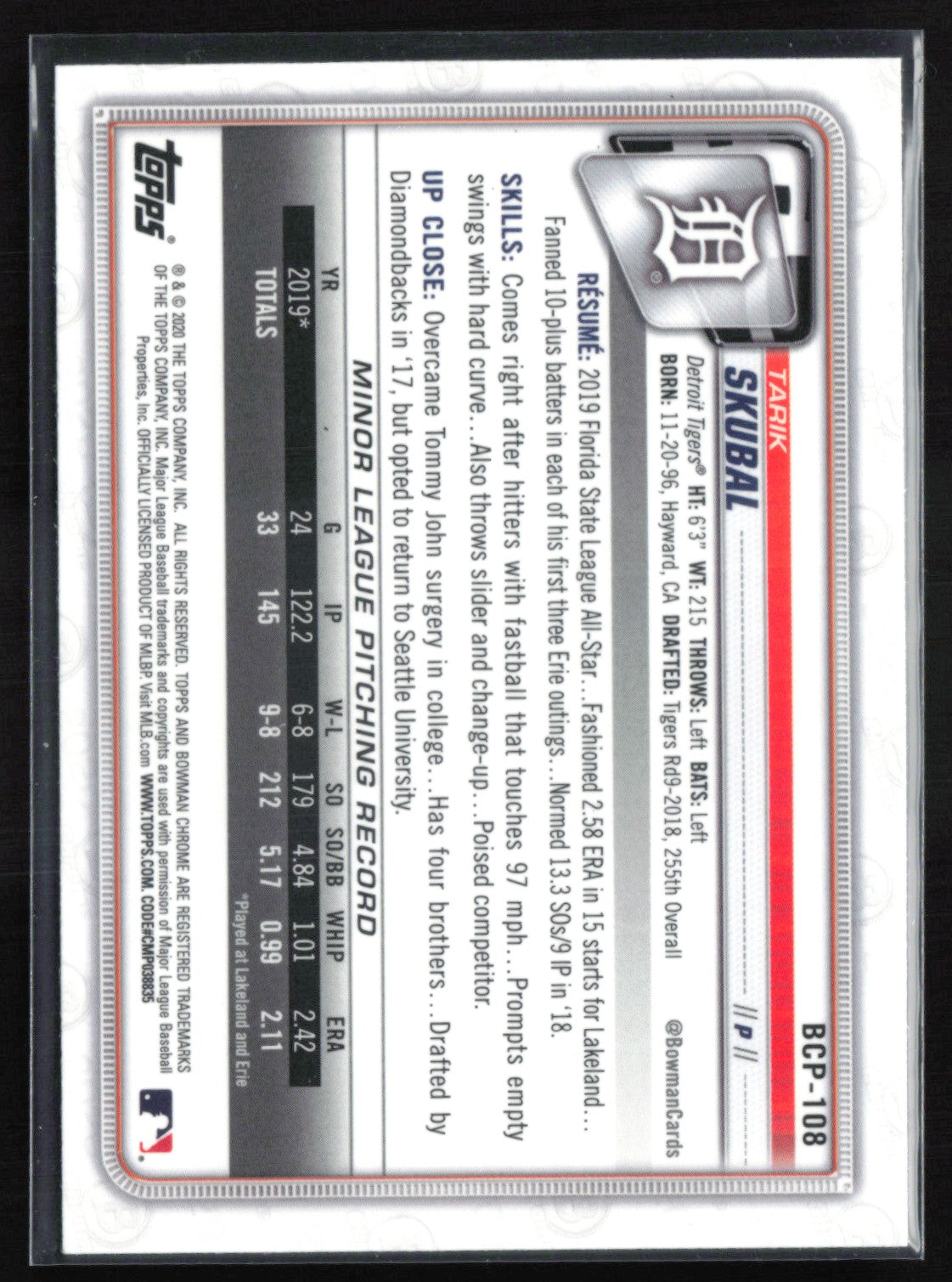 Tarik Skubal 1st Bowman Mojo Prospects 2020 Bowman Chrome