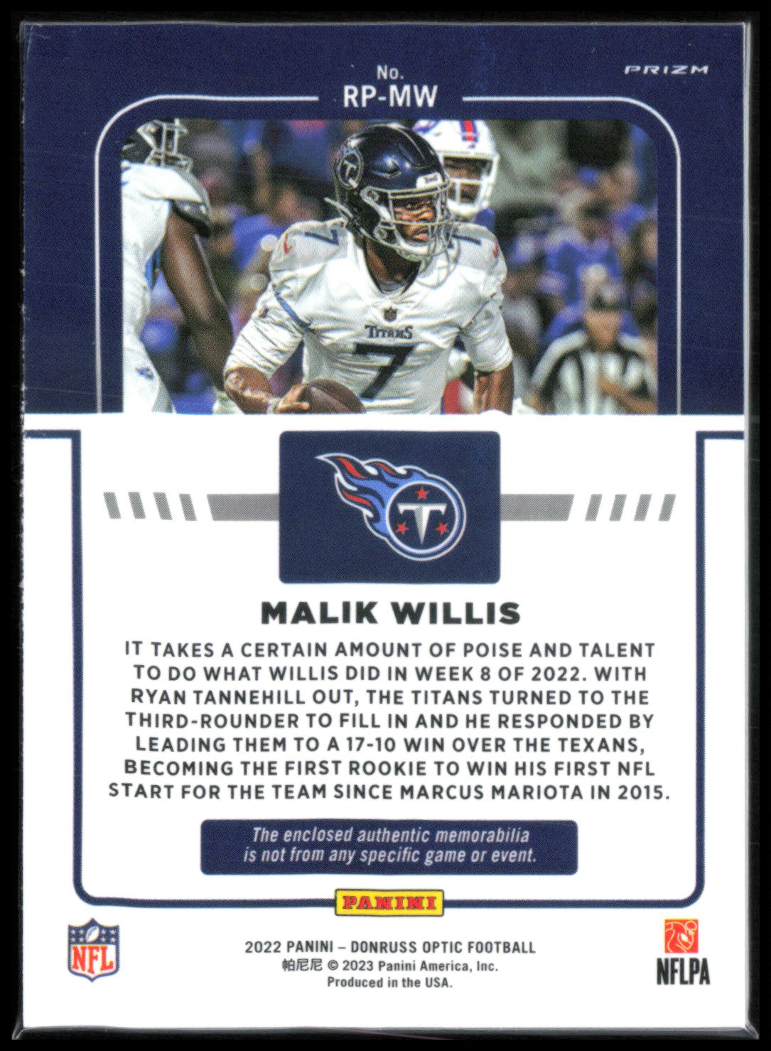 Malik Willis RC Blue Hyper Mem