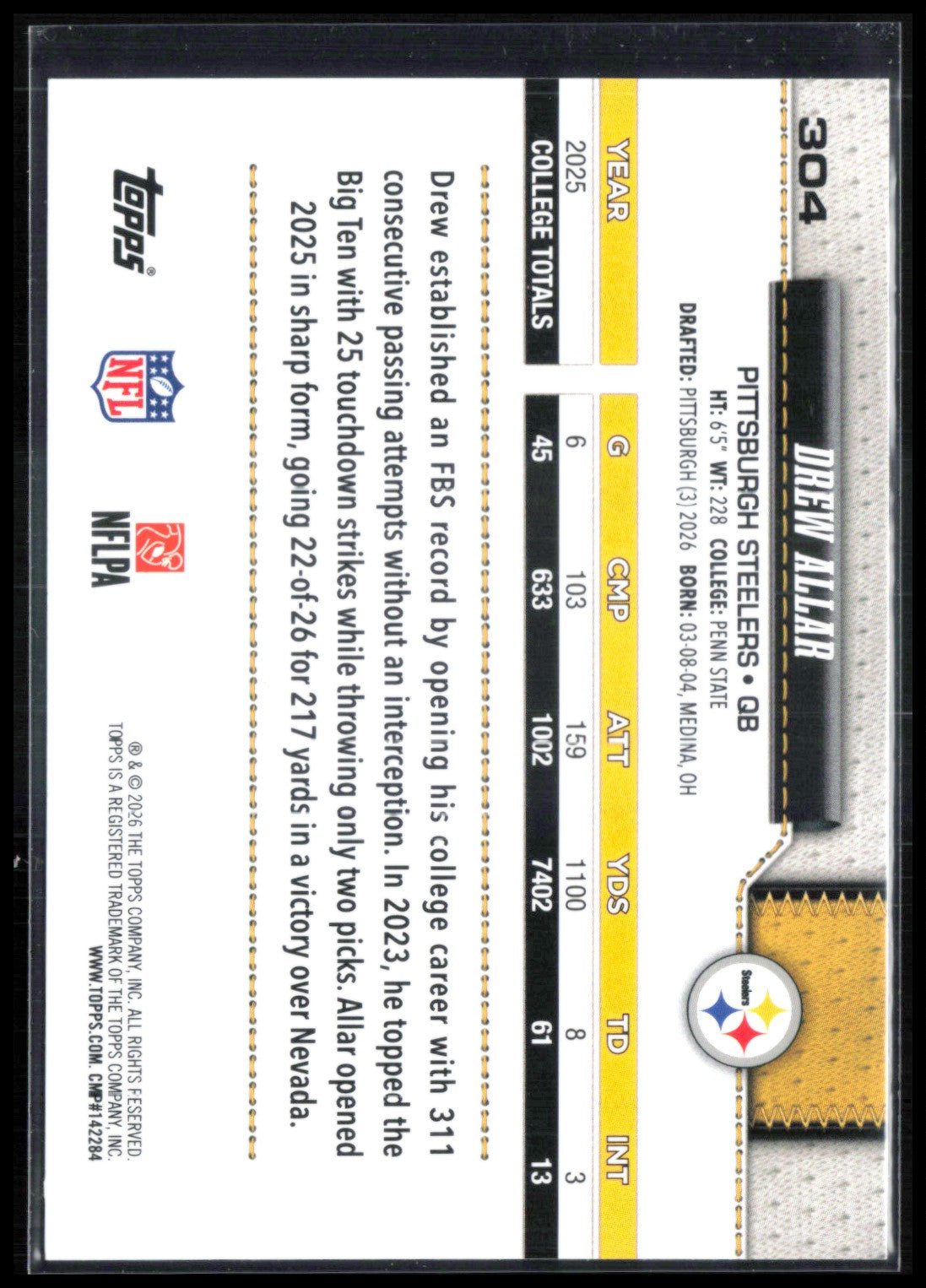 Drew Allar RC Foil 2026 Topps