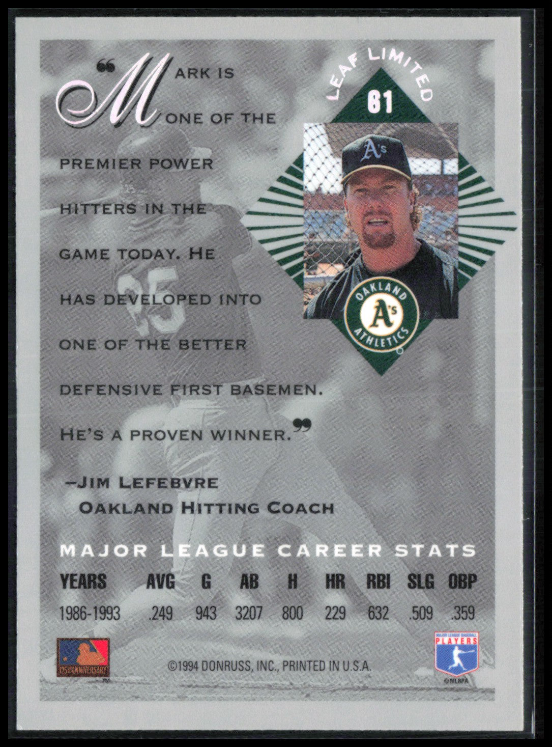 Mark McGwire 1994 Donruss Leaf Limited