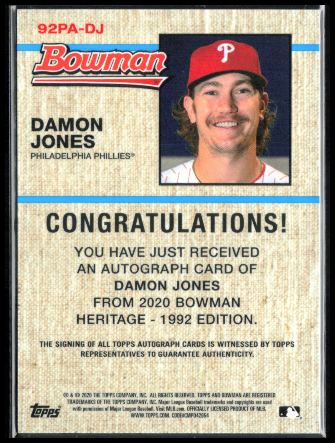 Damon Jones Auto 2020 Bowman Heritage