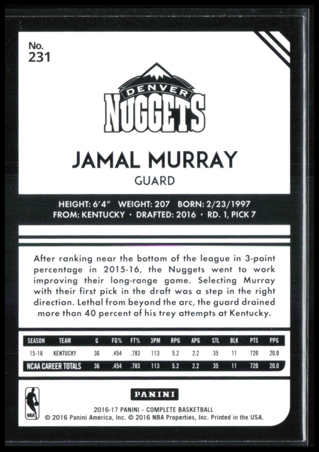 Jamal Murray RC 2016-17 Panini Complete