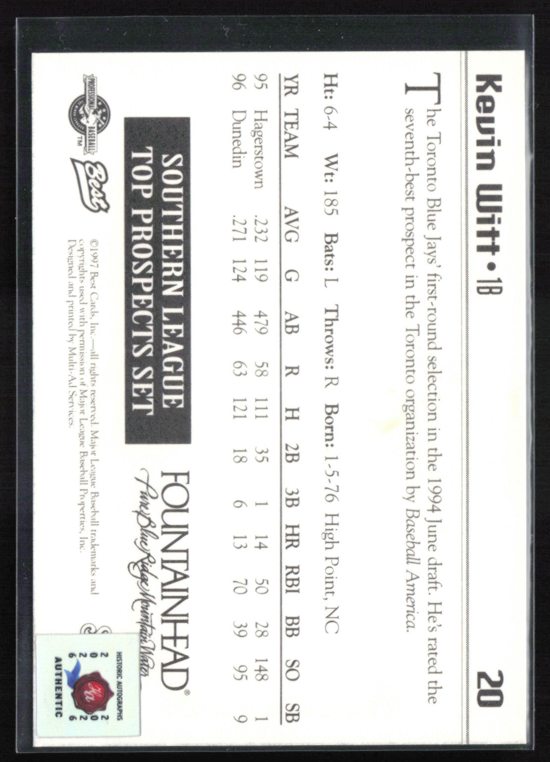 Kevin Witt Auto Top Prospect 1997 Best Southern League