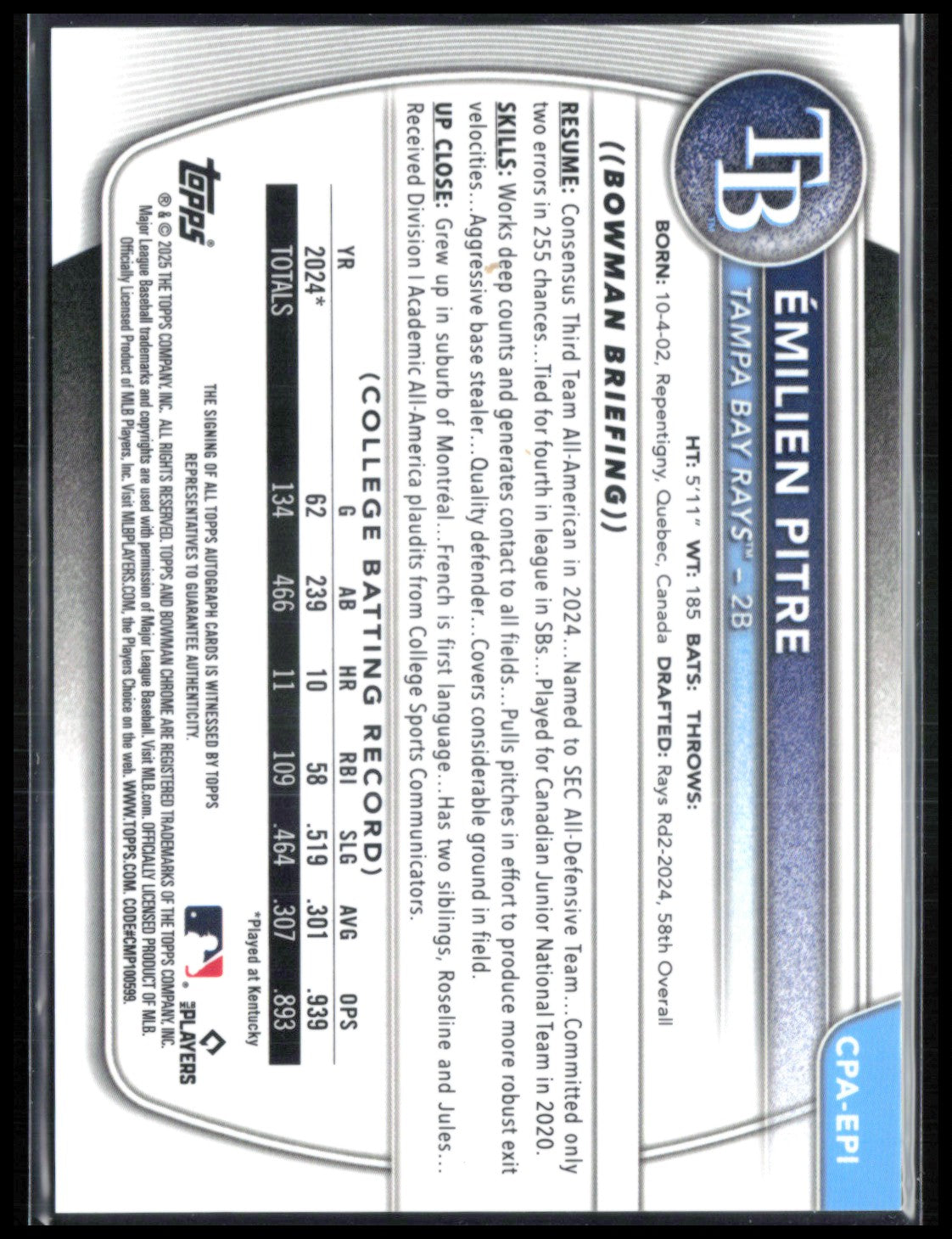 Emilien Pitre 1st Bowman Auto 2025 Bowman Chrome