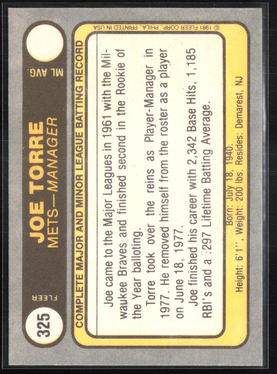 Joe Torre 1981 Fleer