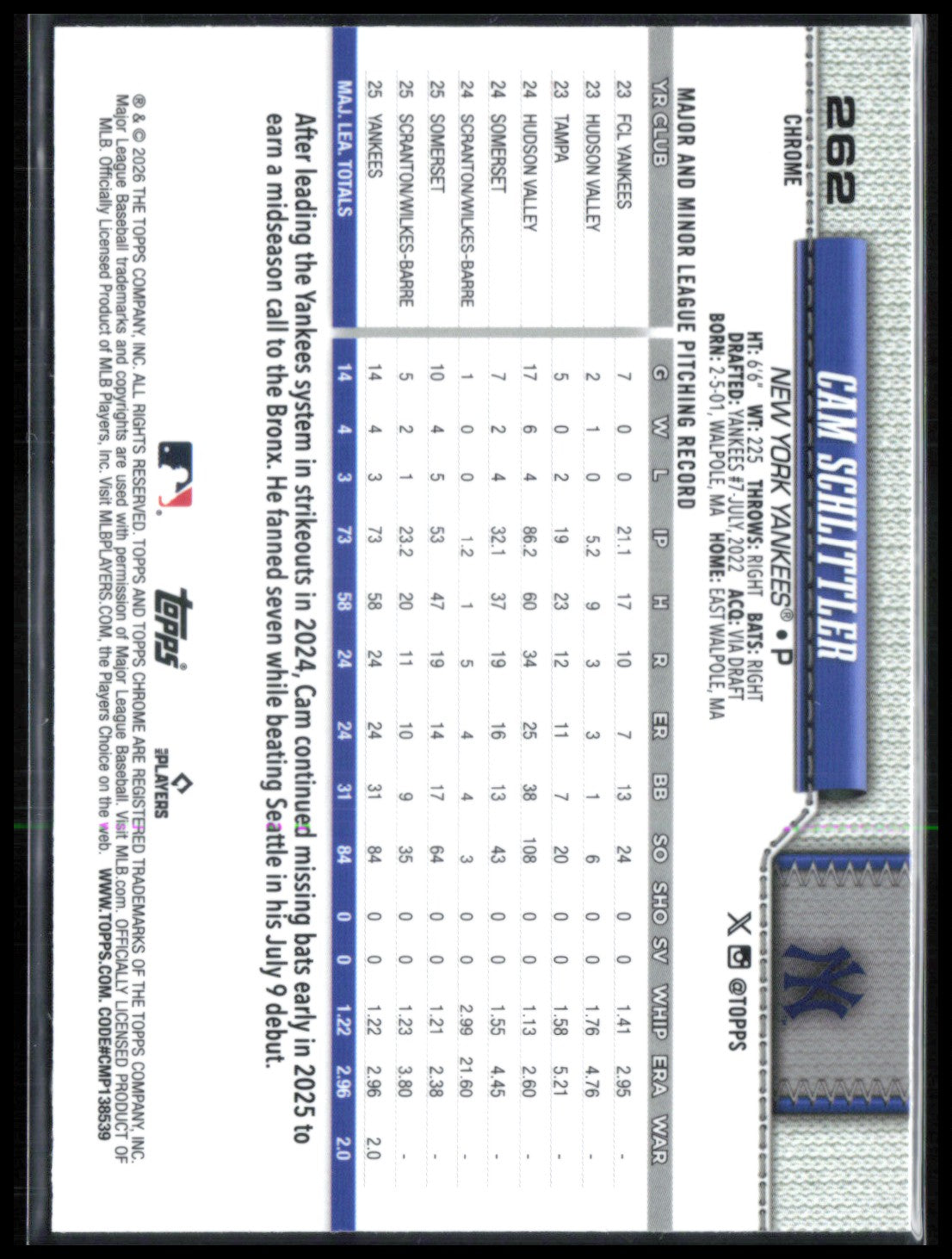 Cam Schlittler RC 2026 Topps Chrome