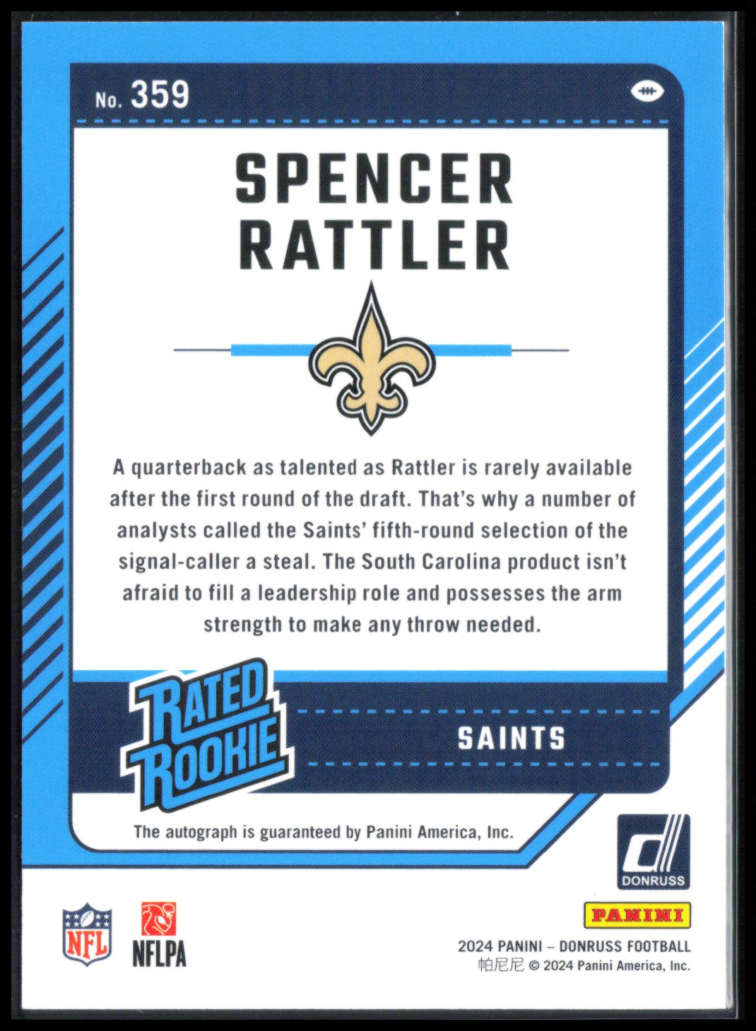 Spencer Rattler RC Auto Purple /150 2024 Donruss Rated Rookies