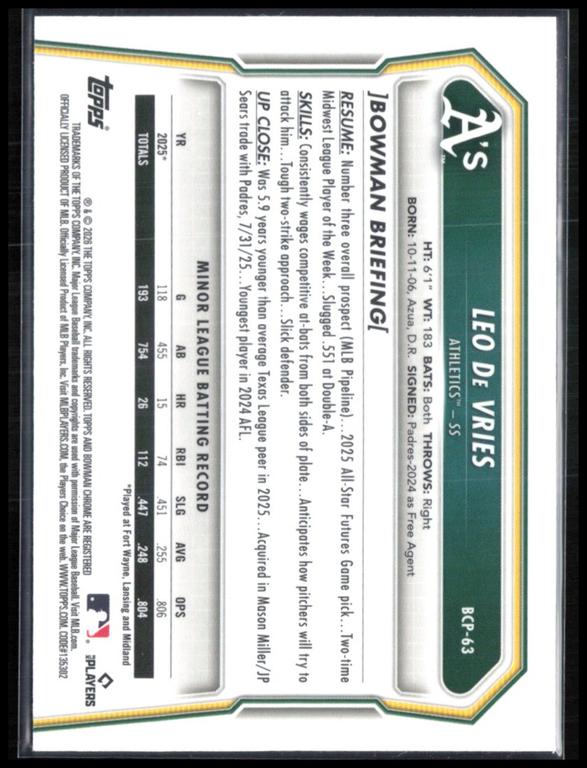 Leo De Vries Prospect Bowman Chrome