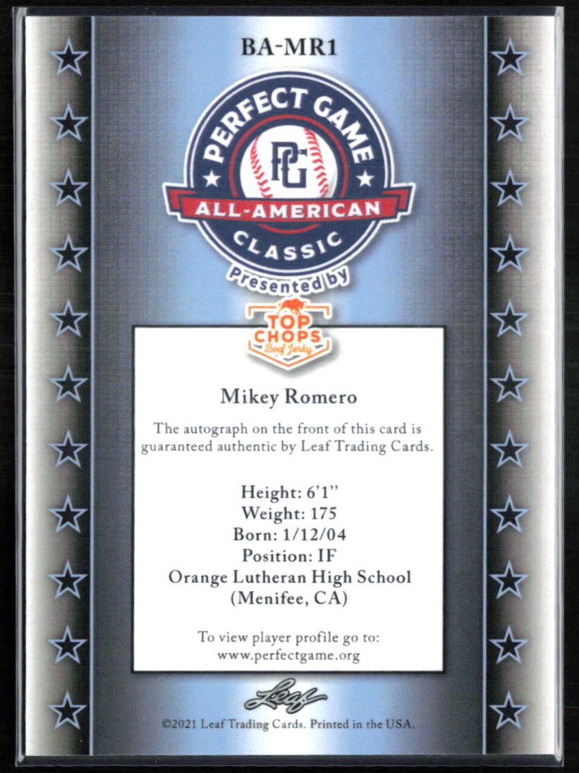 Mikey Romero Auto Perfect Game Classic 2021 Leaf