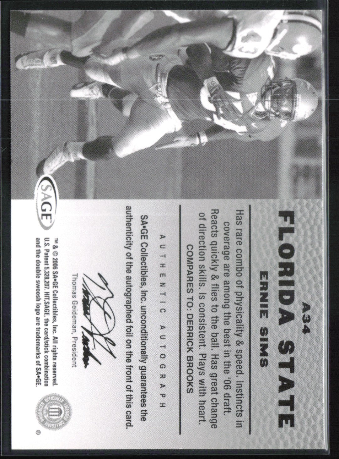 Ernie Sims Auto Hit 2006 Sage