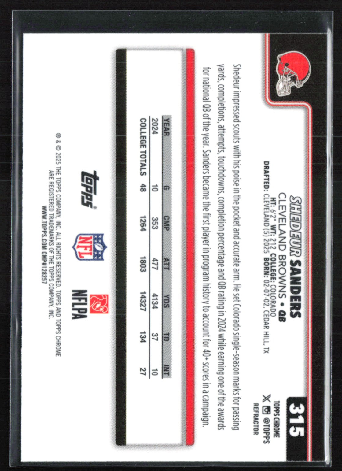 Shedeur Sanders RC Refractor 2025 Topps Chrome