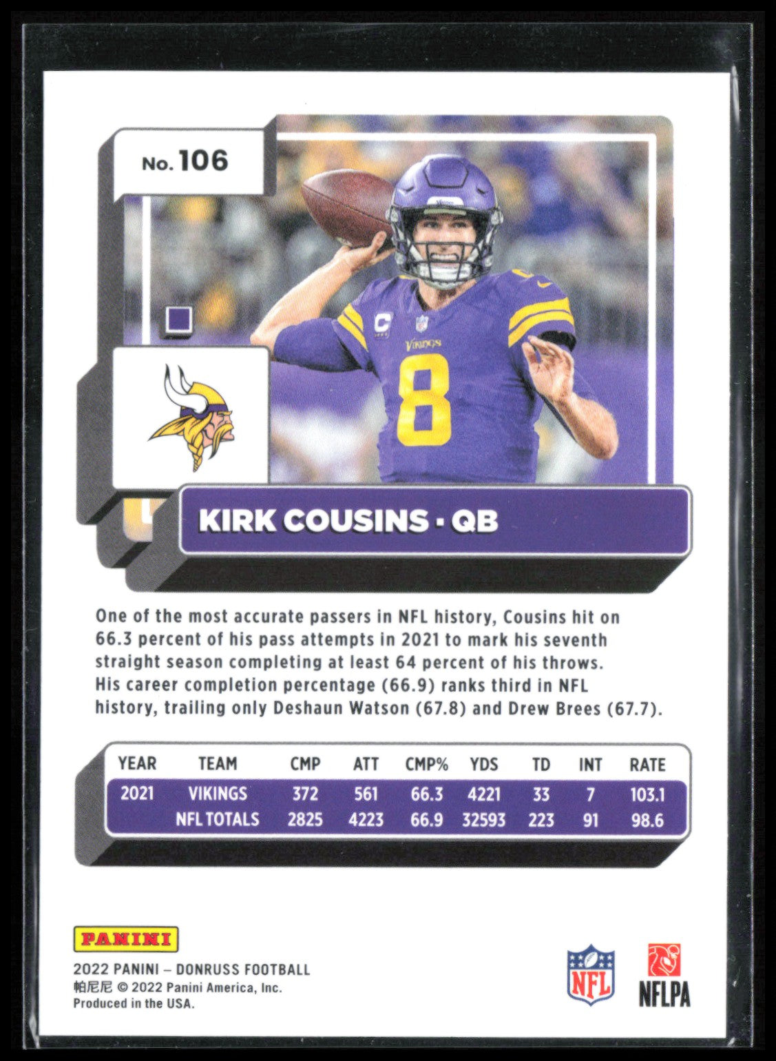 Kirk Cousins No Name Front Foil