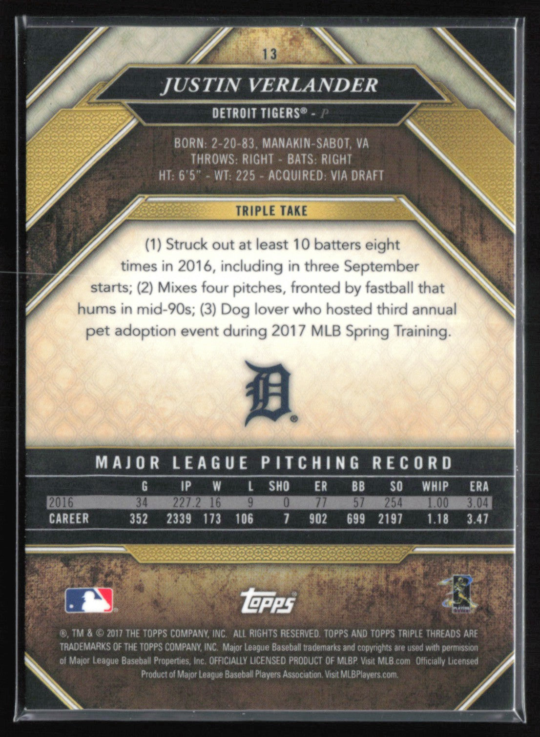 Justin Verlander Amethyst /350 2017 Topps Triple Threads
