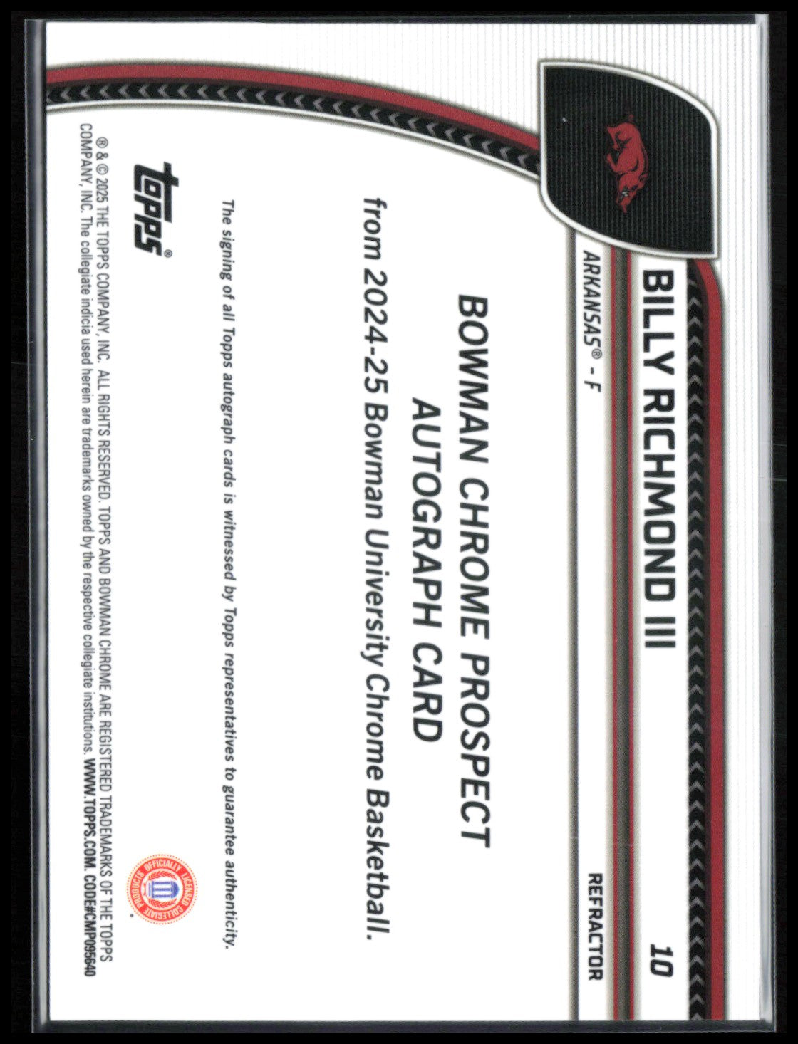 Billy Richmond III 1st Bowman Auto Refractor 2024-25 Bowman U Chrome
