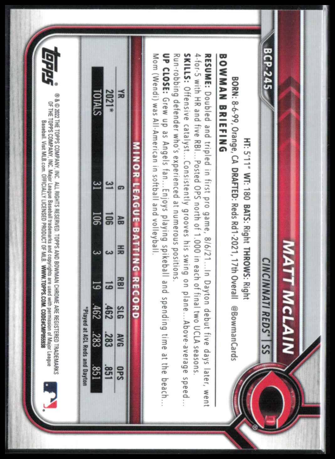 Matt McLain 1st Bowman Mojo