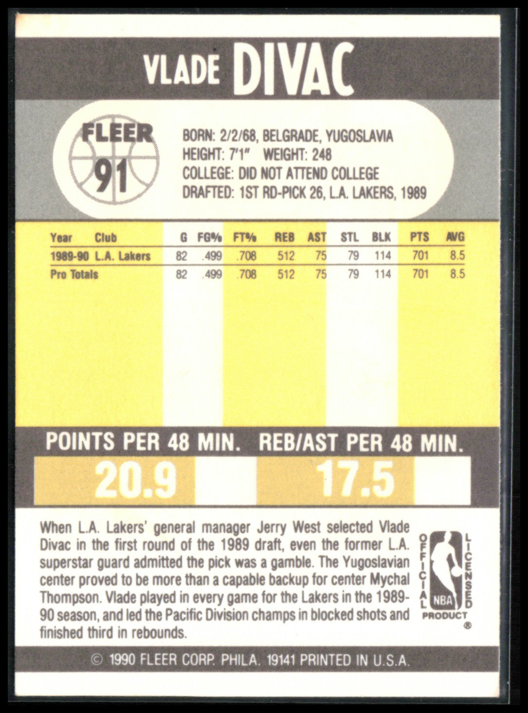Vlade Divac 1990 Fleer