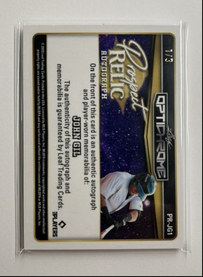 John Gil /3 Auto Relic Prospect Relic Autograph 2025 Leaf Optichrome