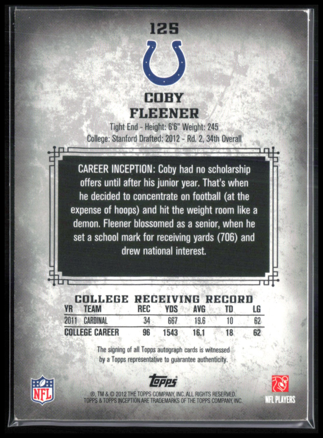 Coby Fleener RC Auto 2012 Topps Inception