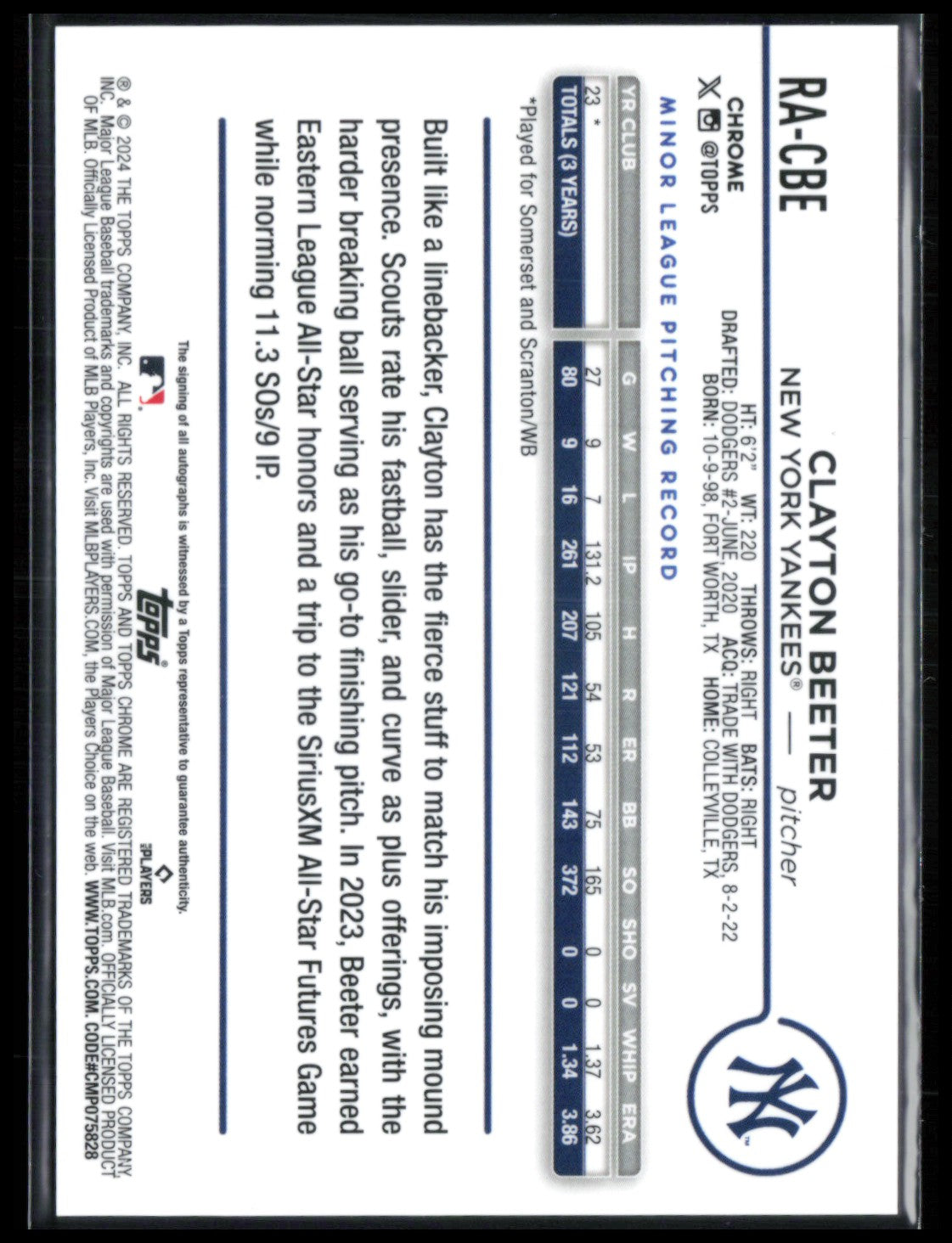 Clayton Beeter RC Auto 2024 Topps Chrome