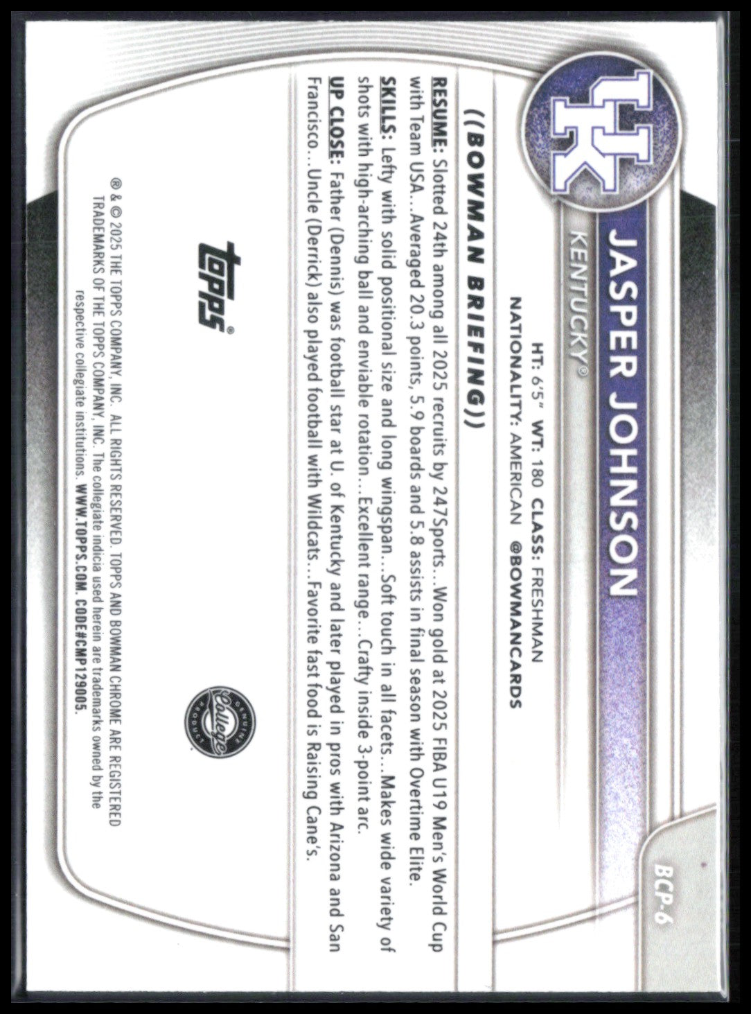 Jasper Johnson 1st Bowman Maroon Mojo /275
