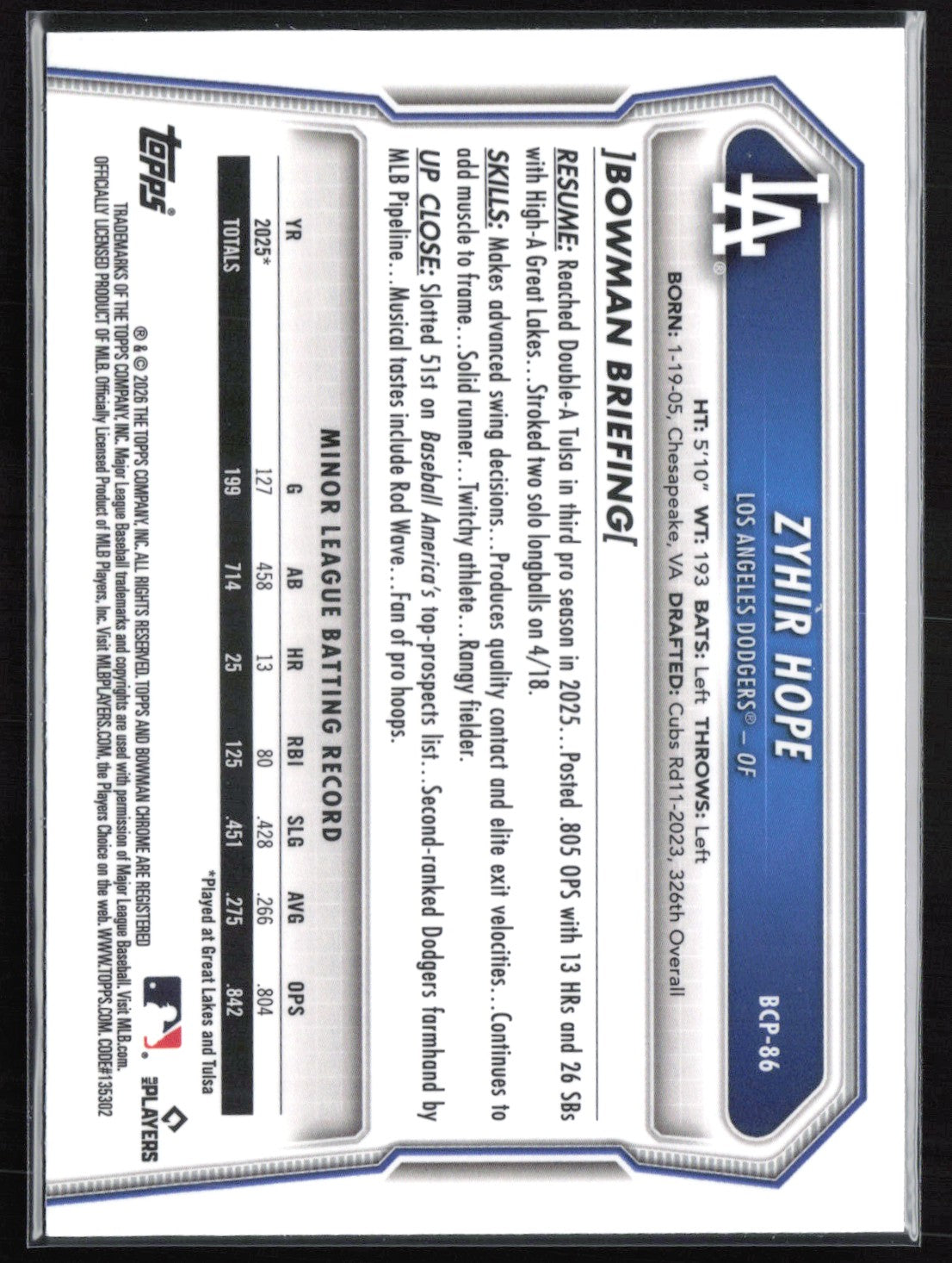 Zyhir Hope Prospect 2026 Bowman Prospects