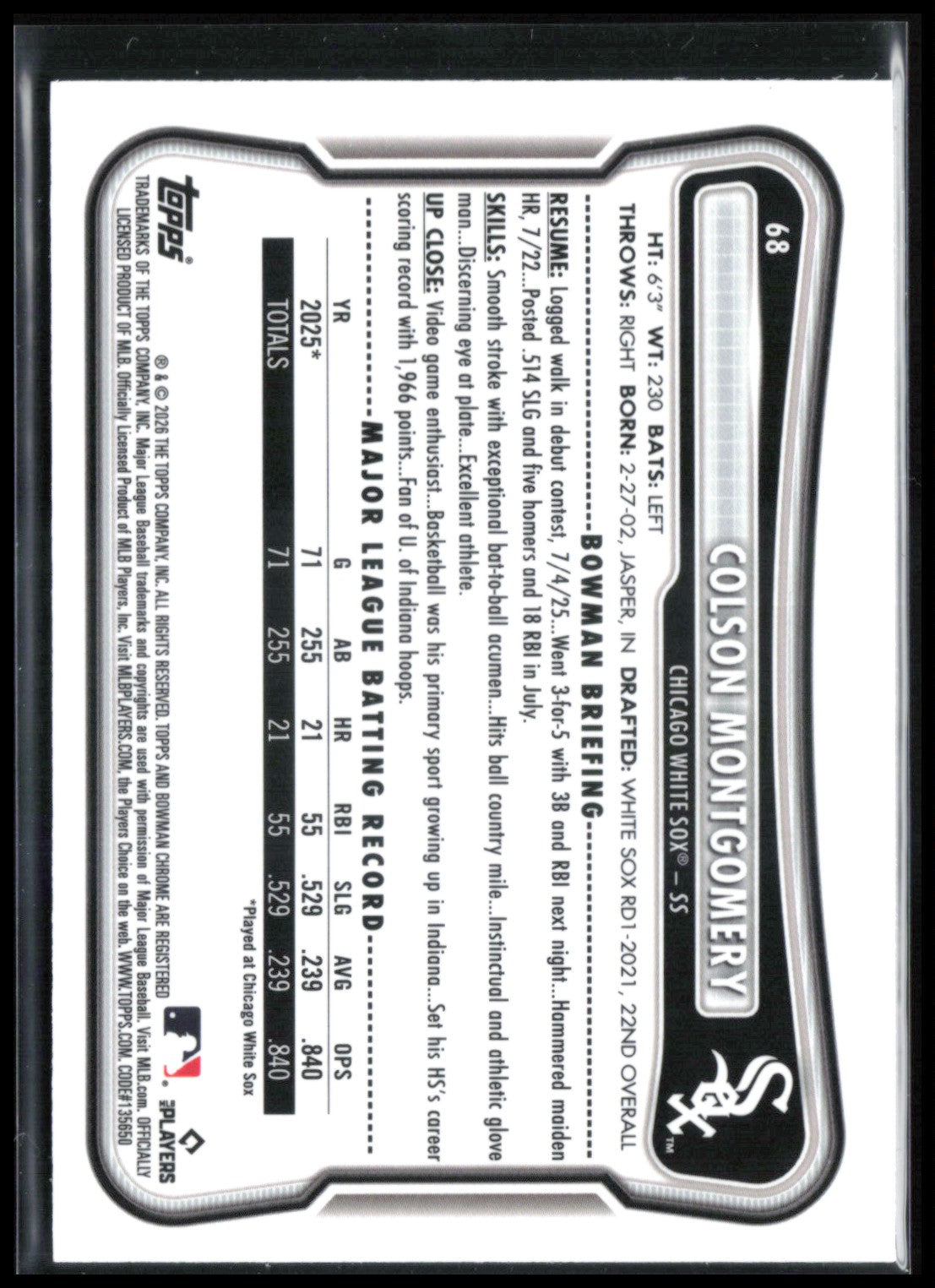 Colson Montgomery RC Red Rookie Logo 2026 Bowman Chrome