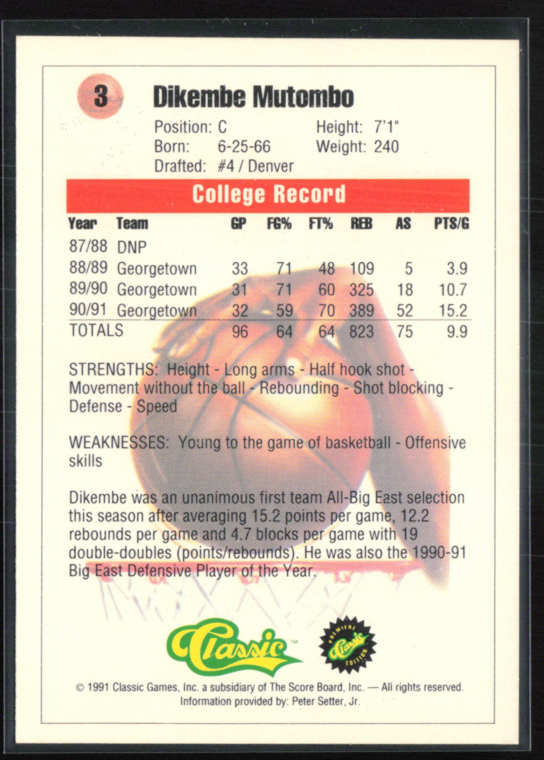 Dikembe Mutombo 1991 Classic Draft Picks