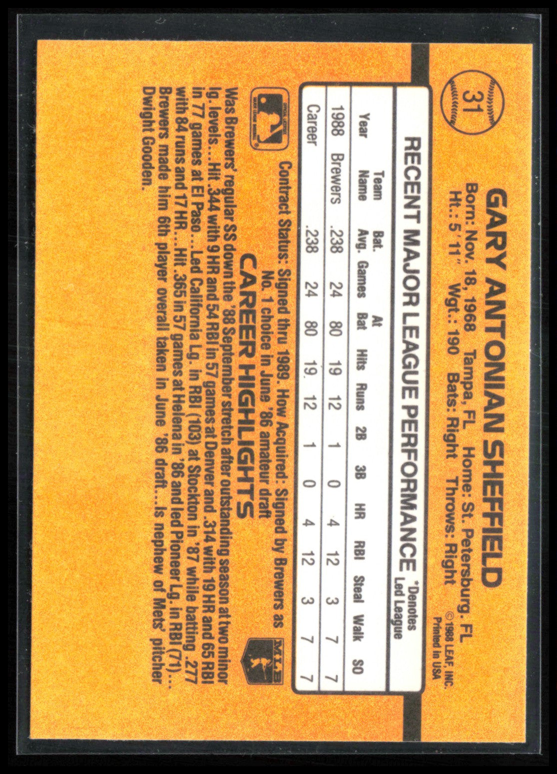Gary Sheffield RC 1989 Donruss