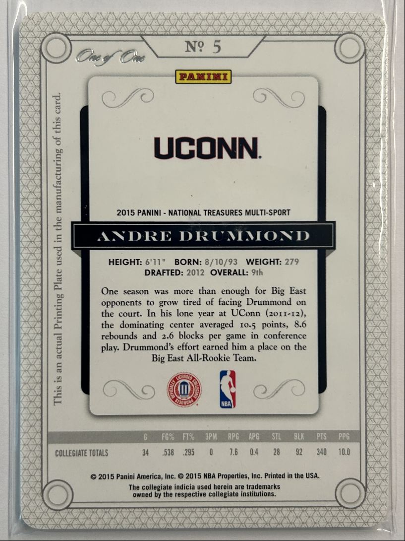 Andre Drummond 1/1 Printing Plate 2015 Panini National Treasures Collegaite