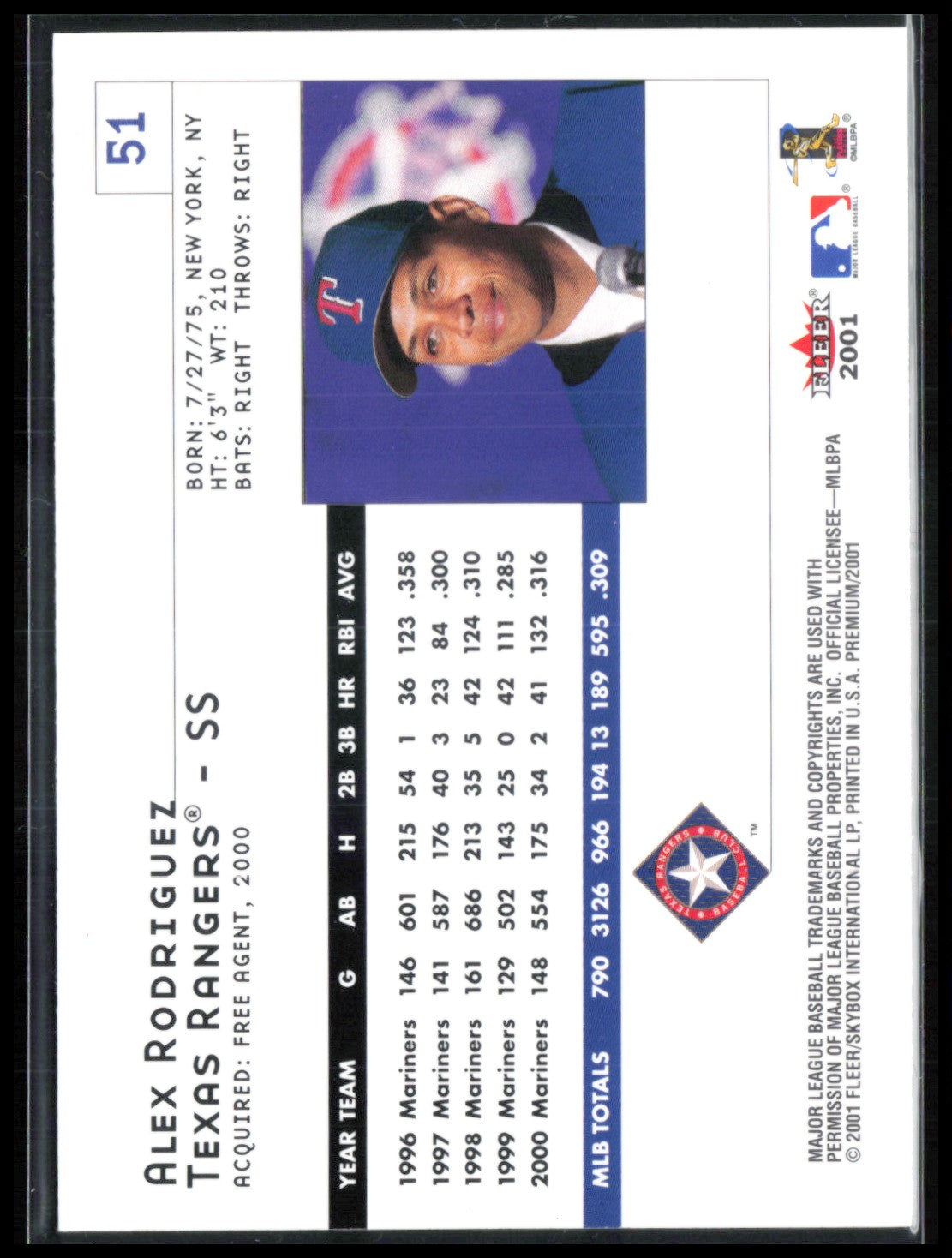Alex Rodriguez 2001 Fleer Premium