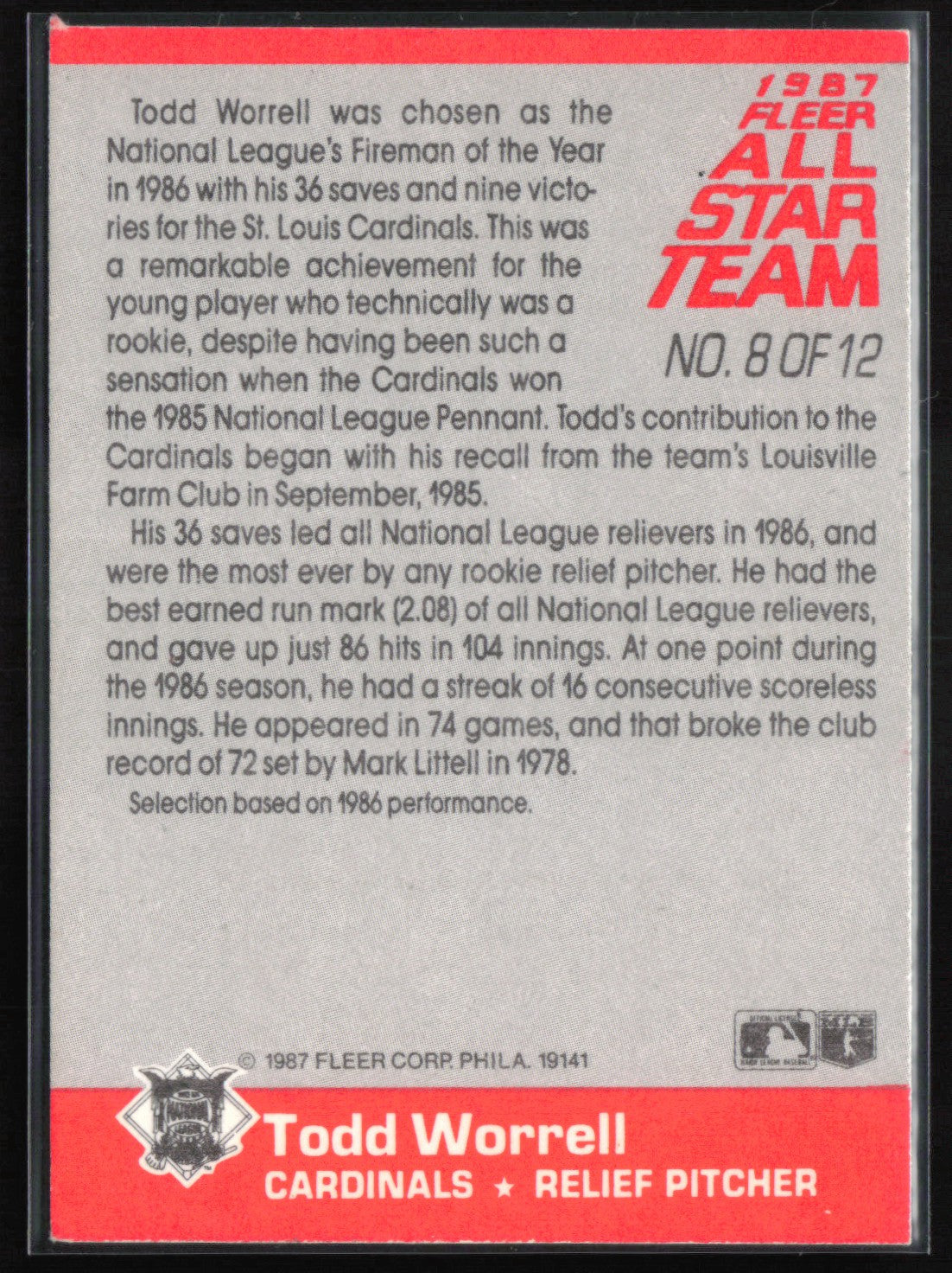 Todd Worrell 1987 Fleer All Star Team