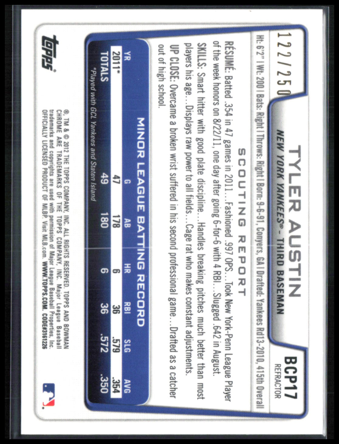Tyler Austin 1st Bowman Chrome Blue /250