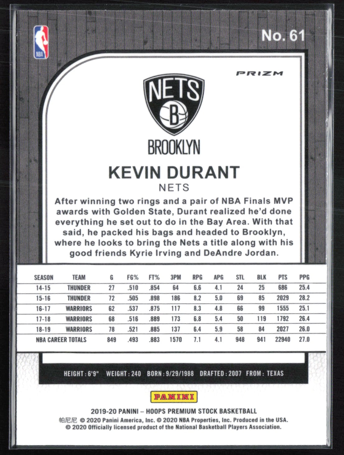 Kevin Durant Laser 2019-20 Hoops Premium