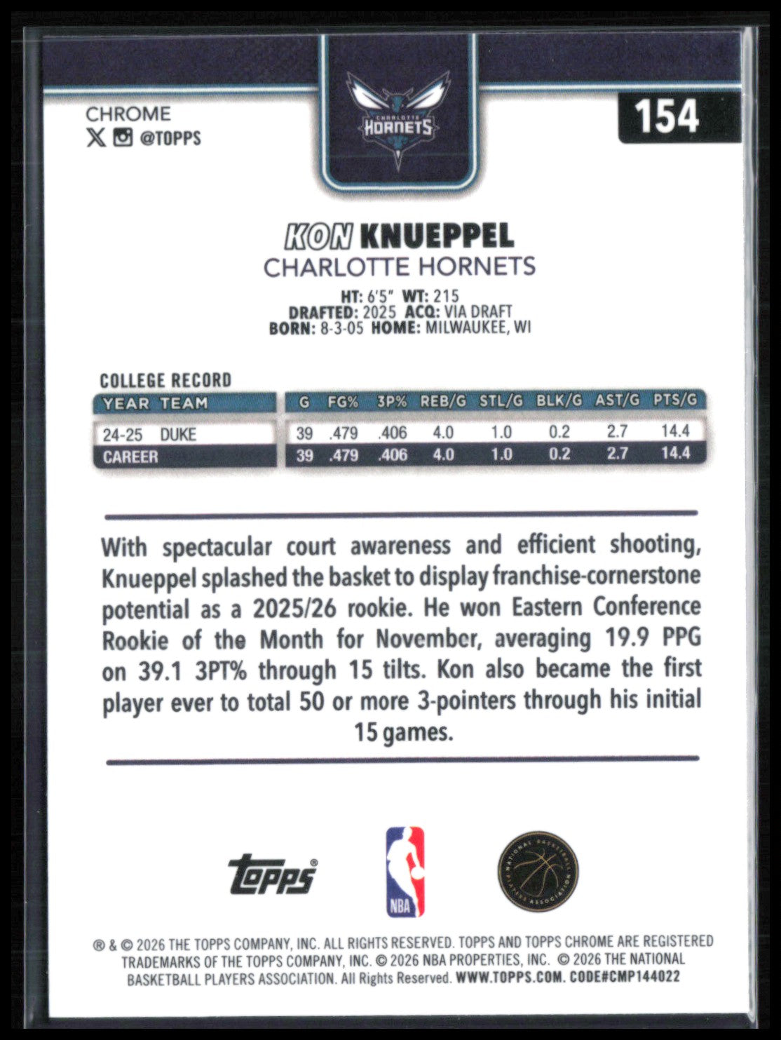 Kon Knueppel RC 2026 Topps Chrome