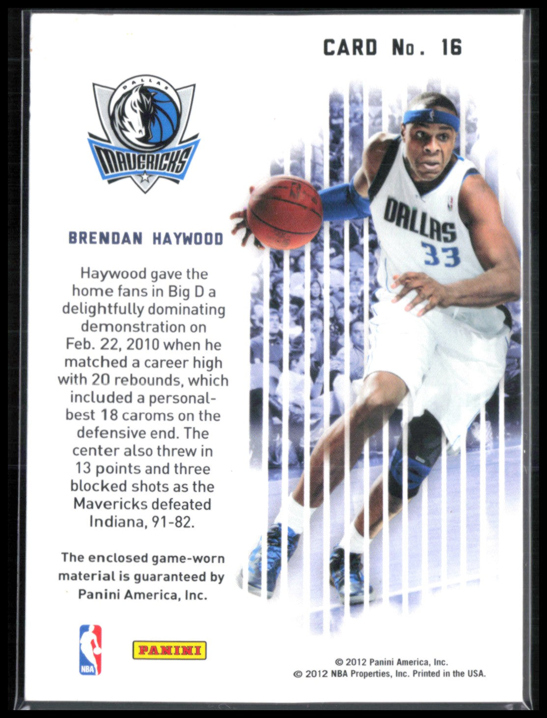 Brendan Haywood Game-Worn Mem 2012 Panini Past and Present